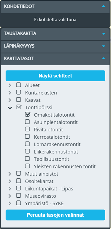 Kuvakaappaus karttapalvelun tonttityyppien valikosta.