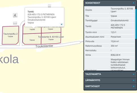 Kuvakaappaus karttanäkymästä, jossa on vapaita tontteja.