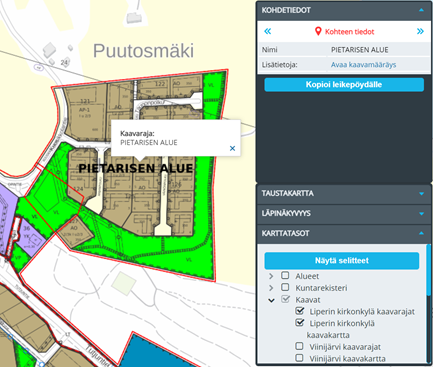 Kuvakaappaus karttapalvelun näkymästä, jossa on eritelty kaava-alueet.