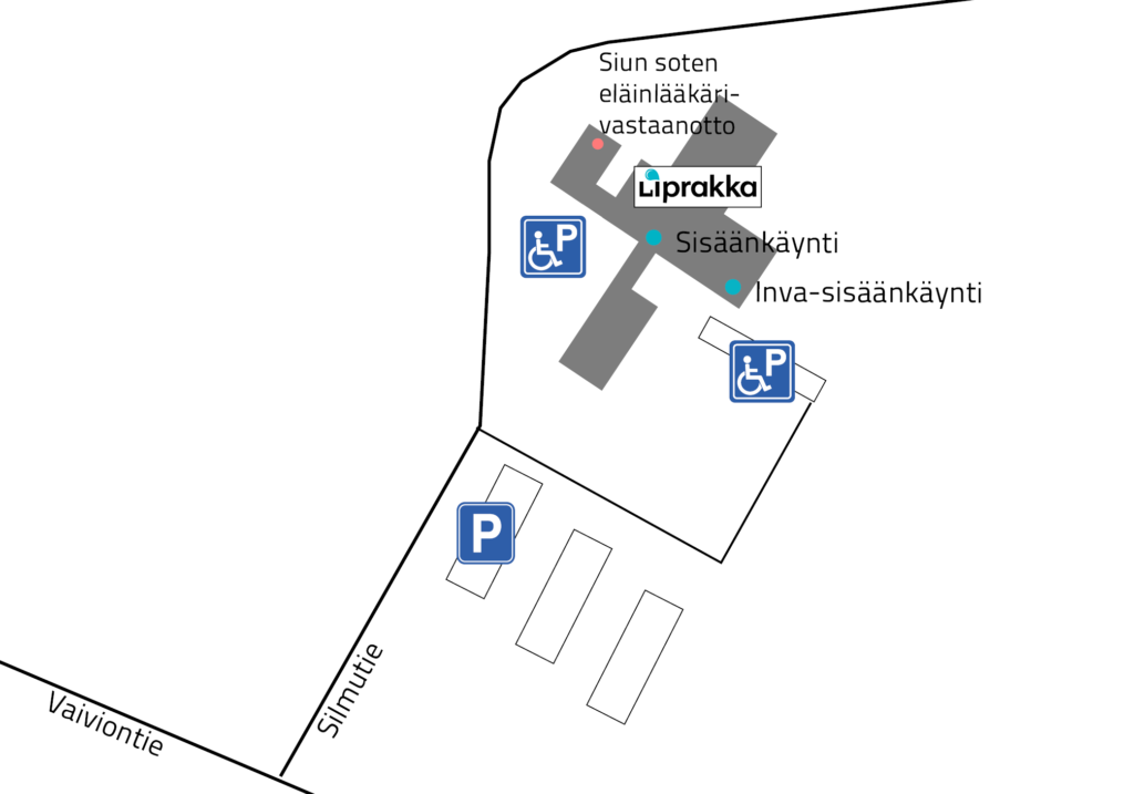 Kartalla pysäköintipaikka on Silmutien oikealla puolella. Yksi invapysäköintipaikka sijaitsee Liprakan pääoven tuntumassa ja toinen invapysäköintipaikka ja -sisäänkäynti sijaitsevat Liprakan rakennuksen oikean siiven puolella parkkipaikalta tultaessa.